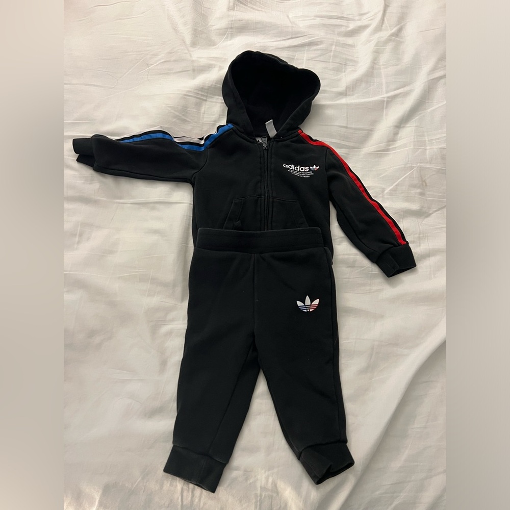 Adidas Black Tracksuit with Red and Blue Stripes
